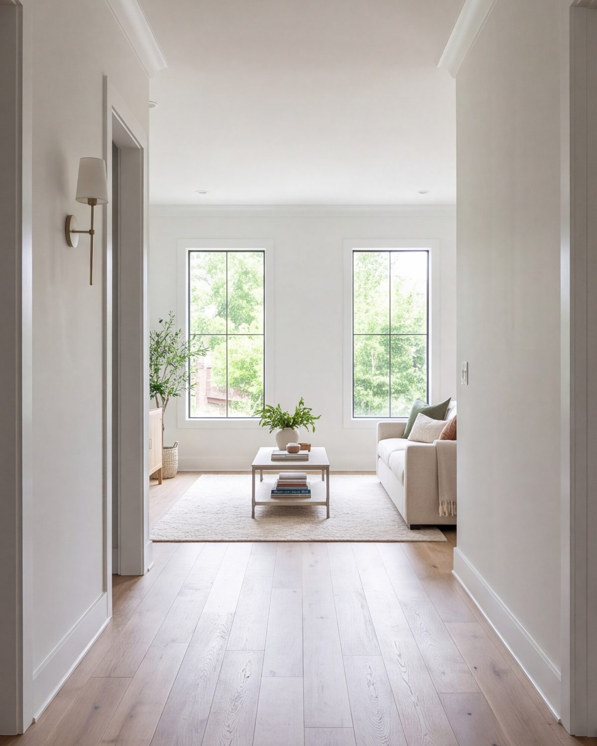 Remodeled hallway opening into a bright living room with new oak floors