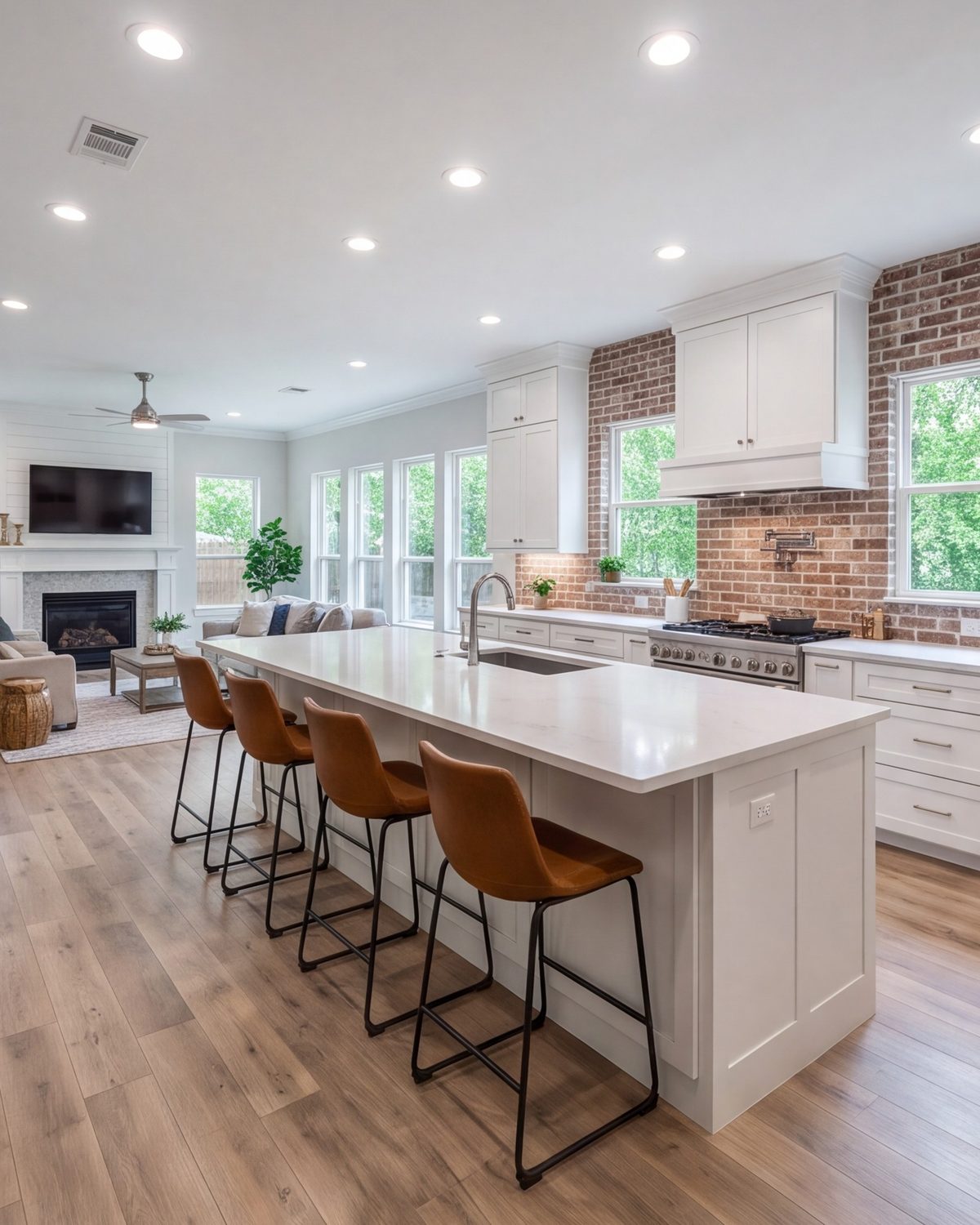 Alief kitchen opened to the family room with a long island and bar stools