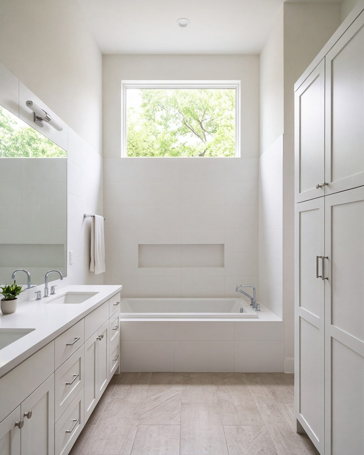 Wide family hall bathroom with a deep tub and a long vanity